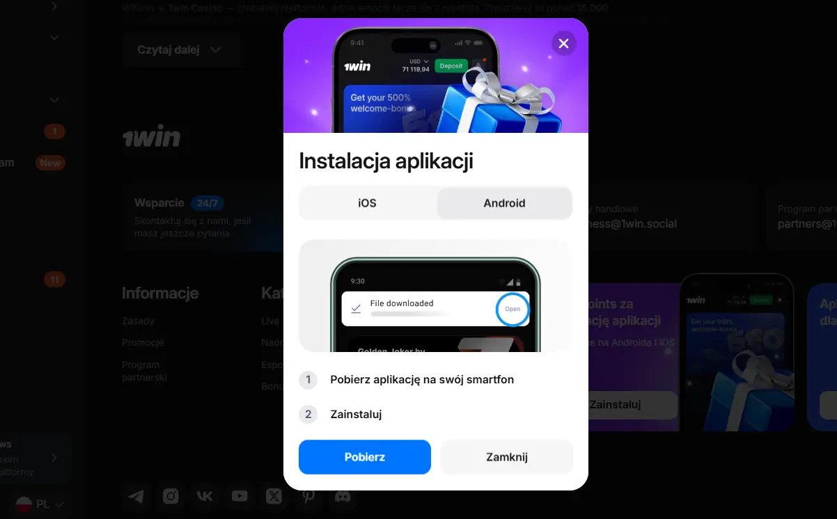 1win na telefonie: APK na Androida i wersja przeglądarkowa na iOS